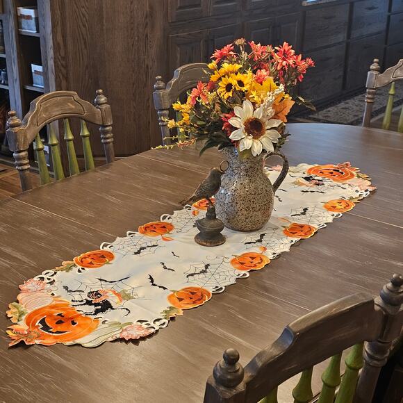 Halloween Table Runner Black Cat Pumpkin Bats Spider Web Embroidered Decor - Picture 3 of 9